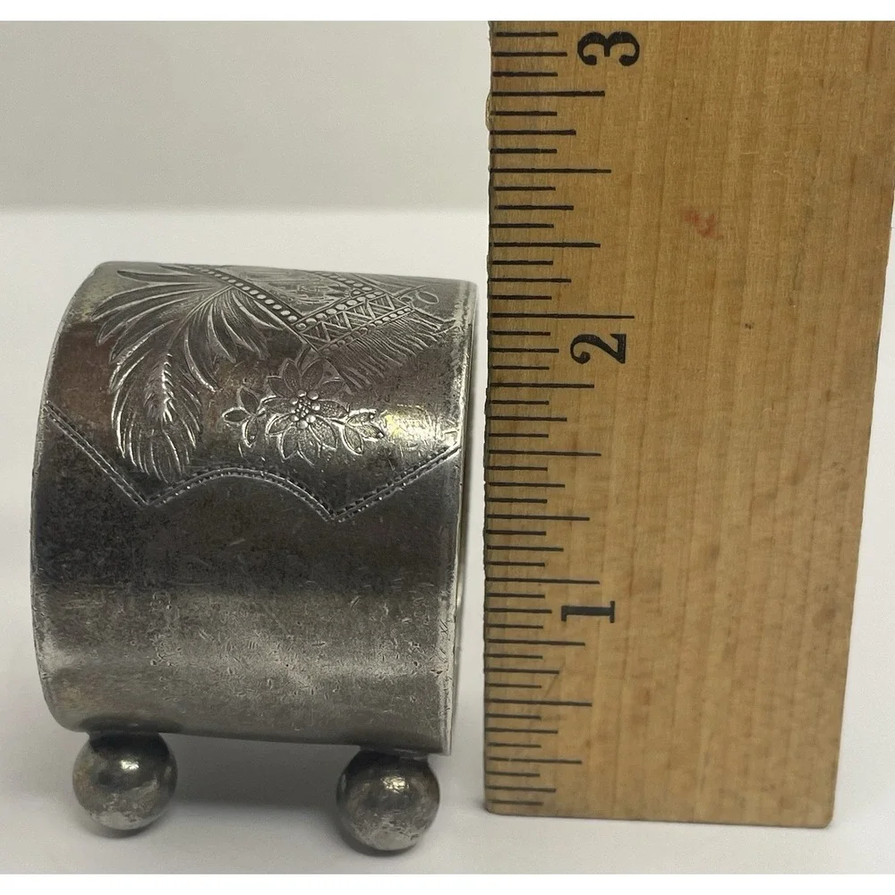 Antique Etched Napkin Ring Silver Plated Ball Feet Monogram Feather Leaf Motif